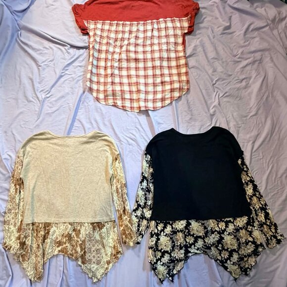 THREE 2-in-1 Layered-Look tops (S/S Orange plaid, L/S Black and Beige) BIG SMALL - Picture 11 of 11